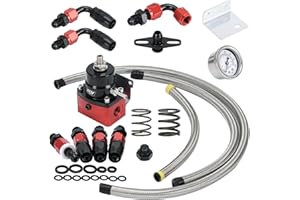 PQY Adjustable Fuel Pressure Regulator Kit 3-70PSI With 6AN Return and 6AN feed Port with AN6-6AN Fuel Line Hoses Connectors (black+red)