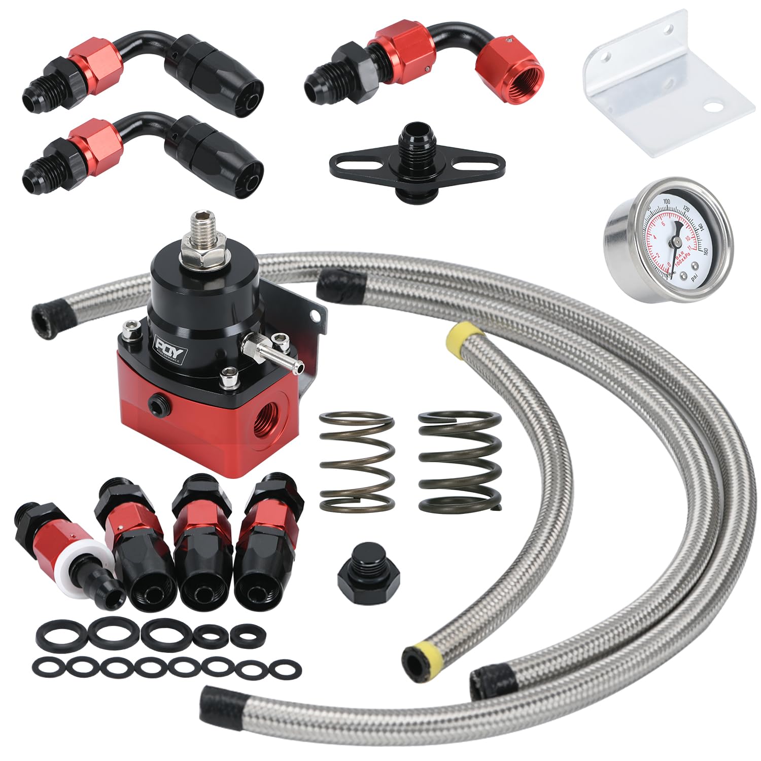 Photo 1 of ***STOCK PHOTO FOR REFERENCE ONLY/Missing braided line, Springs***PQY Adjustable Fuel Pressure Regulator Kit 3-70PSI With 6AN Return and 6AN feed Port with AN6-6AN Fuel Line Hoses Connectors (black+red)