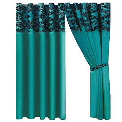 Silky Kelly Teal Black Half Damask Floral Flock With Plain Design