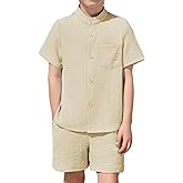 Arshiner Toddler Boys 2 Piece Set Short Sleeve Button Down Shirt and Shorts Vacation Texture Outfits with Pocket 2-8 Years