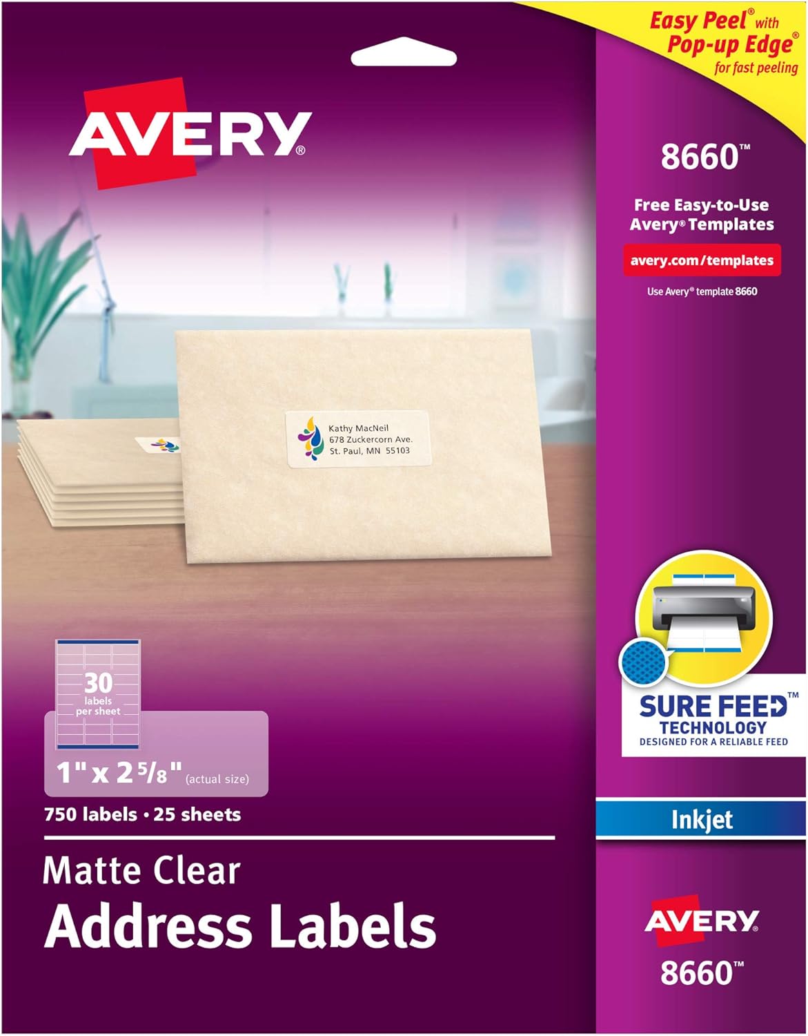 Avery Clear Address Labels for Inkjet Printers with Sure Feed, 1" x 2-5/8", 750 Frosted Holiday Labels (8660) : Office Products