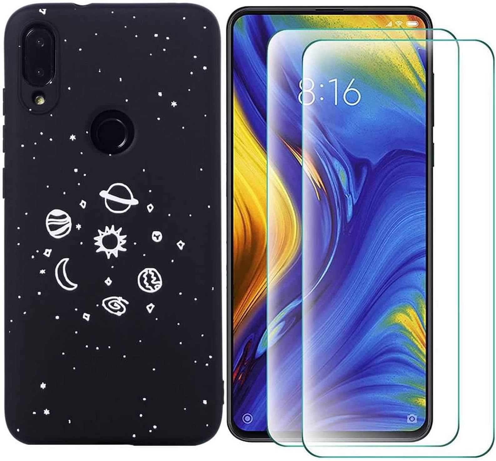 Case Xiaomi Mi Play Back + [2 Pack Tempered Glass Screen Protector],Shock-Absorption Bumper Cover,Anti-Scratch Clear Back,Solar System