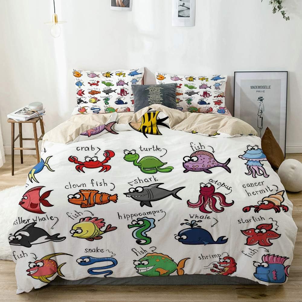 SUHOM Duvet Cover Set Aquarium Cartoon Octopus Dolphin Shark Whale Clown Fish Jellyfish Hermit Crab Marine Beige Decorative 3 Piece Bedding Set with 2 Pillow Shams King Size