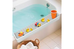 QURAS Bathtub Splash Guard for Kids – 31.5 Inch Silicone Water Guard with Suction Cups, Bath Toy Holder Surface Prevents Spills and Messy Floors (Light Grey, 31.5 inch)