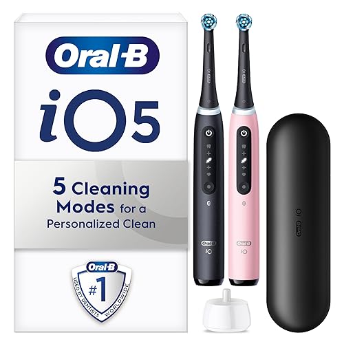Oral-B iO5 2x Electric Toothbrushes For Adults, 2 Handles, 2 Toothbrush Heads & 1 Travel Case, 5 Modes, Teeth Whitening, UK 2 Pin Plug, Black & Pink