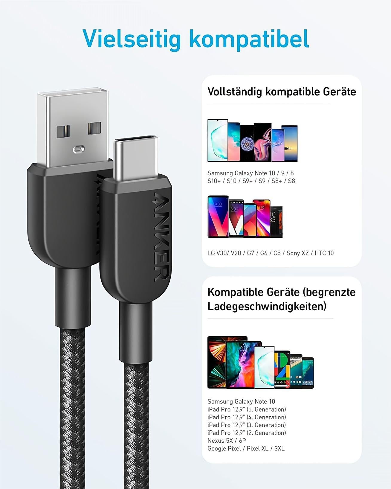Anker USB C Kabel, [2 Stück 0,9m] Ladekabel USB C Nylon Geflochten Schnellladekabel, USB auf USB C Kabel für Samsung Galaxy S24 S23 S22 Ultra Note 20 iPhone 16 15 14 Pro Max iPad MacBook 4