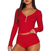 ForeFair Women 2 Piece Ribbed Knit Pajama Set Button Long Sleeve Tops and Shorts Lounge Sweatsuits Y2k Sleepwear PJ Set
