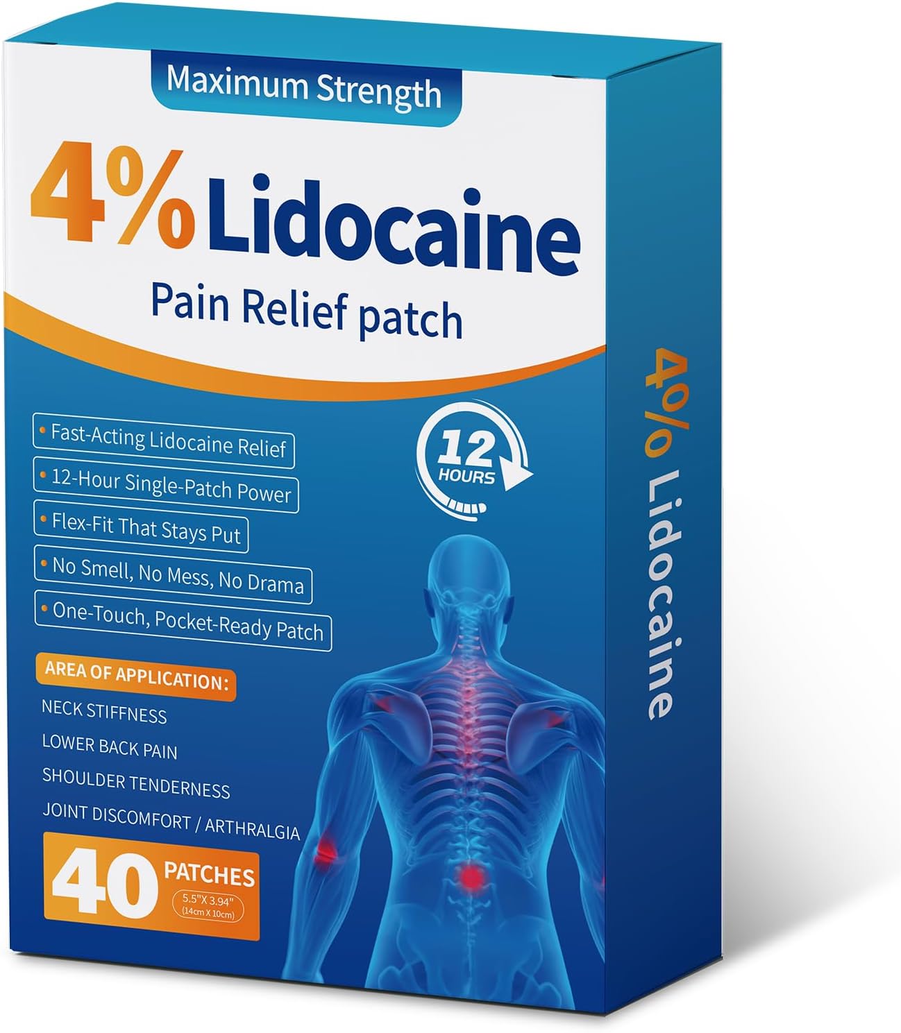 LOVPTFER 4% Lidocaine Pain Relief Patches – Maximum Strength Pain Patches, 12-Hour Long-Lasting Relief for Back, Neck, Shoulder & Joint Pain, Fast-Acting,–40 Count, 5.5” x 3.94”