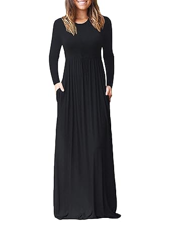 Odosalii Damen Langarm Maxikleid Lange Kleid Casual Partykleid Elegant Plain Klieder mit Taschen