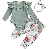 Aimaopao Baby Girls Clothes Ribbed Romper Bodysuit Pants Headband Set Fall Winter Outfits