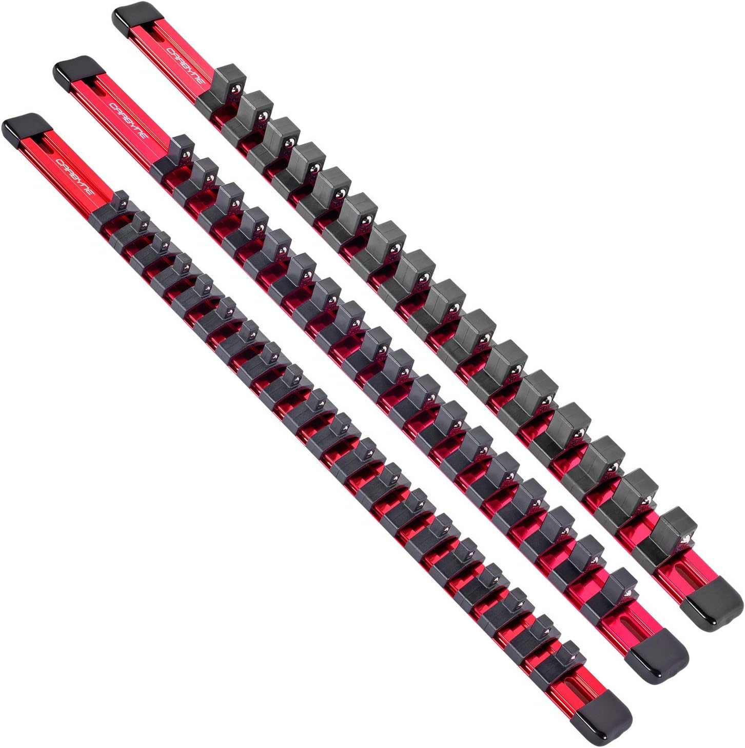 CARBYNE 3-Piece Aluminum Socket Organizer (Red) 1/4-Inch, 3/8-Inch, 1/2-Inch Drive Socket Rails Hold 54 Sockets