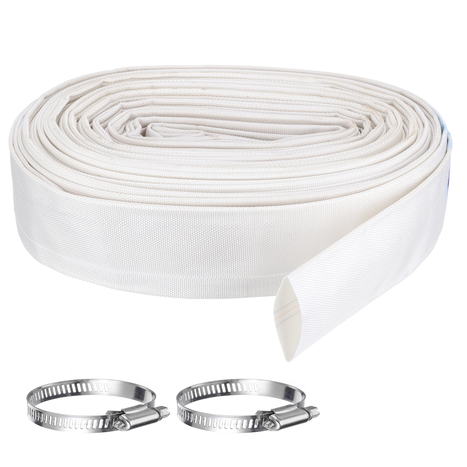 Rebower Pool Backwash Hose, 2.5 Inch x 98.4ft Reinforced Drain Hose PVC Lay Flat Water Discharge Pump Hoses for Pool Filter Swimming Pump, with 2pcs Clamps, White