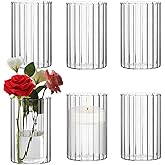 Glass Cylinder Vases Set of 6 Clear Ribbed Glass Vases for Flowers,6 inch Tall Modern Floating Candle Vase Decor, Decorative Hurricane Candle Holders for Home Wedding Table Centerpieces Decor