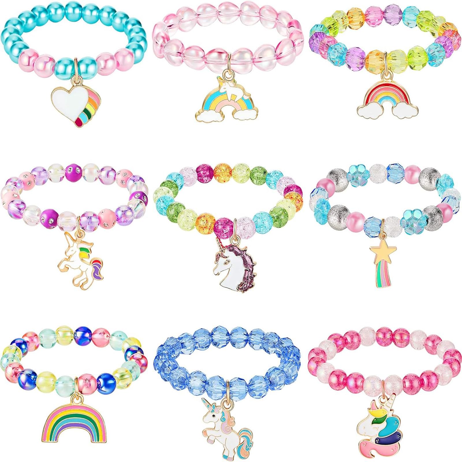 Hicarer 9 Pieces Colorful Unicorn Bracelet Girls Unicorn Bracelets Rainbow Unicorn Beaded Bracelet for Birthday Party Favors (Elegant Style)