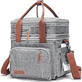 MOV COMPRA Adult Lunch Box for Work, Expandable Large Lunch Bags for Women Men, Leakproof Double Deck Lunch Box Cooler Tote Bag with Removable Shoulder Strap (Grey)