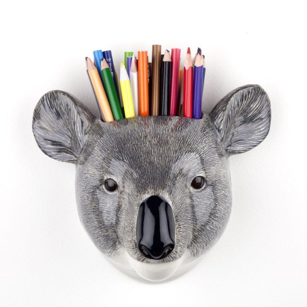 Quail Koala Bear Wall Vase - Whimsical, Hand Painted, Brown, Grey