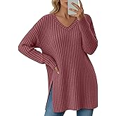 Velvelhall Women's Long Sleeve Sweater, V Neck Oversized Side Split Casual Top Loose Fit Lightweight Knit Pullover Sweaters