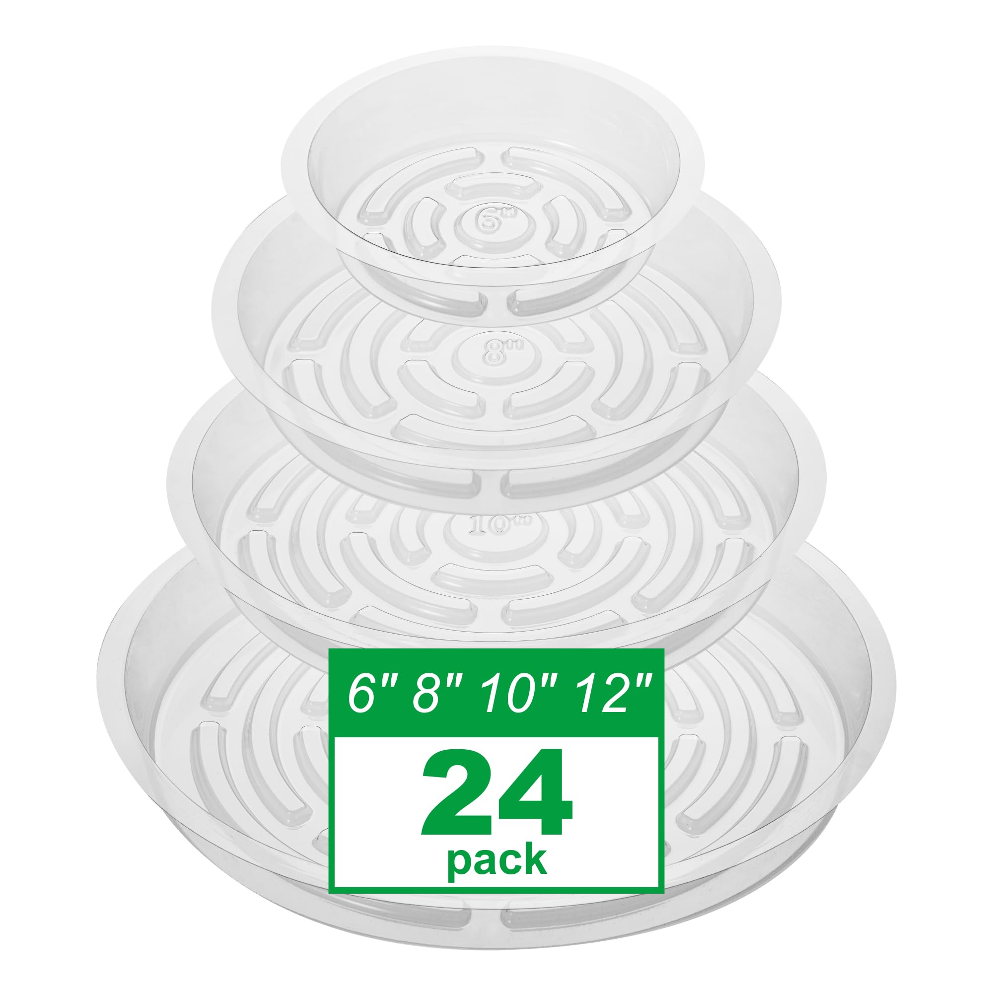 Photo 1 of CATIFLIN 24 Pack Clear Plant Saucers - 6, 8, 10, 12 Inch Plastic Plant Trays for Pots, Flower Pot Saucers, Indoor & Outdoor Planter Drip Tray for Water Drainage & Protection