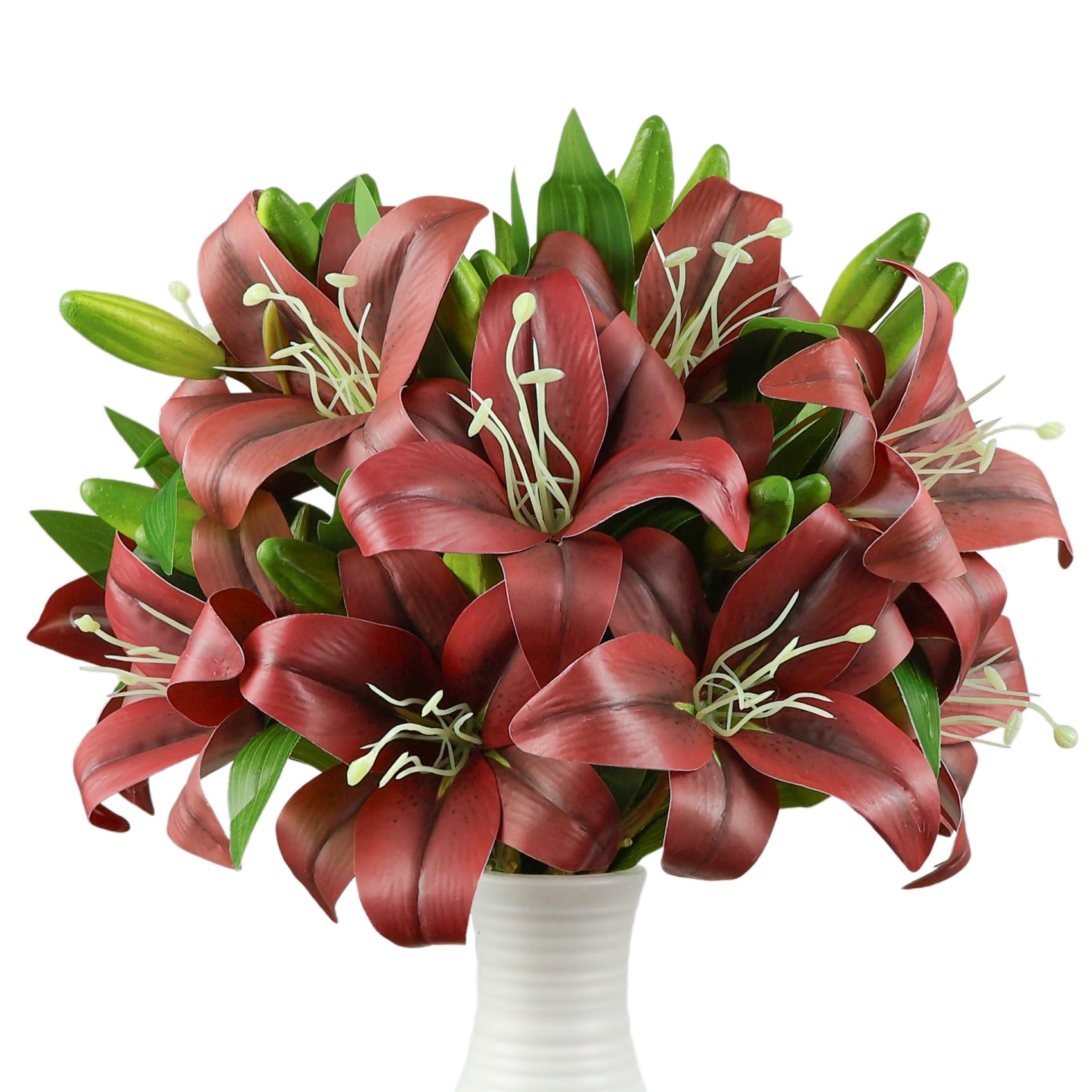 Ikosora 12 Pcs Red Artificial Lily Flower, Realistic Long Stem Real Touch Stargazer Lily, Faux Lily Flower Fake Floral with Rods for Home Party Wedding Table Centerpiece Garden DIY Craft Decoration