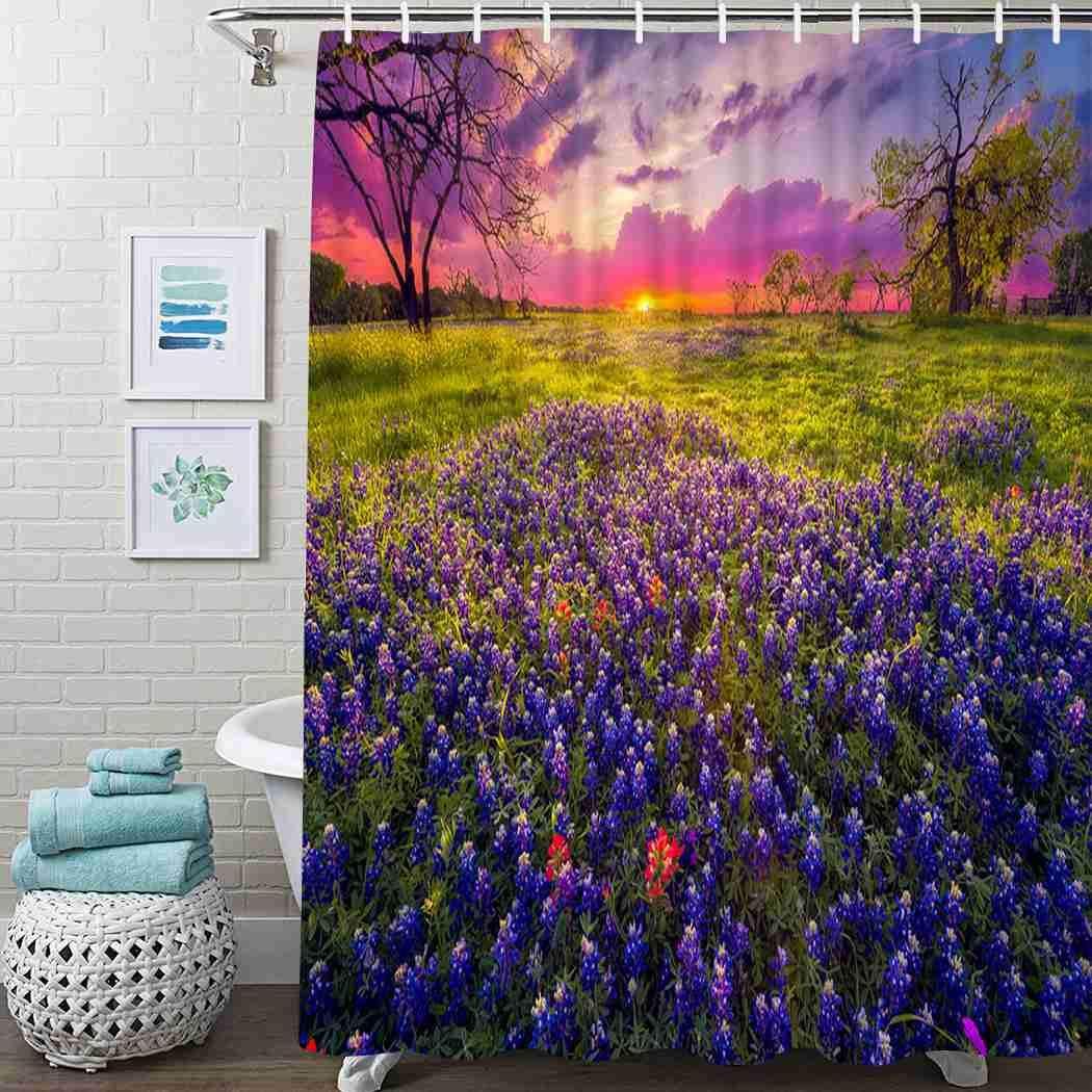 Guftay Wildflower Shower Curtain, Sunrise in The Texas Hill Country Shower Curtain, Waterproof Fabric for Bathroom Decor Shower Curtains Set with Hooks, 60