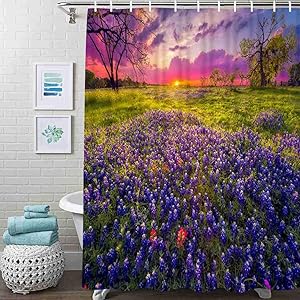 Guftay Wildflower Shower Curtain, Sunrise in The Texas Hill Country Shower Curtain, Waterproof Fabric for Bathroom Decor Shower Curtains Set with Hooks, 60