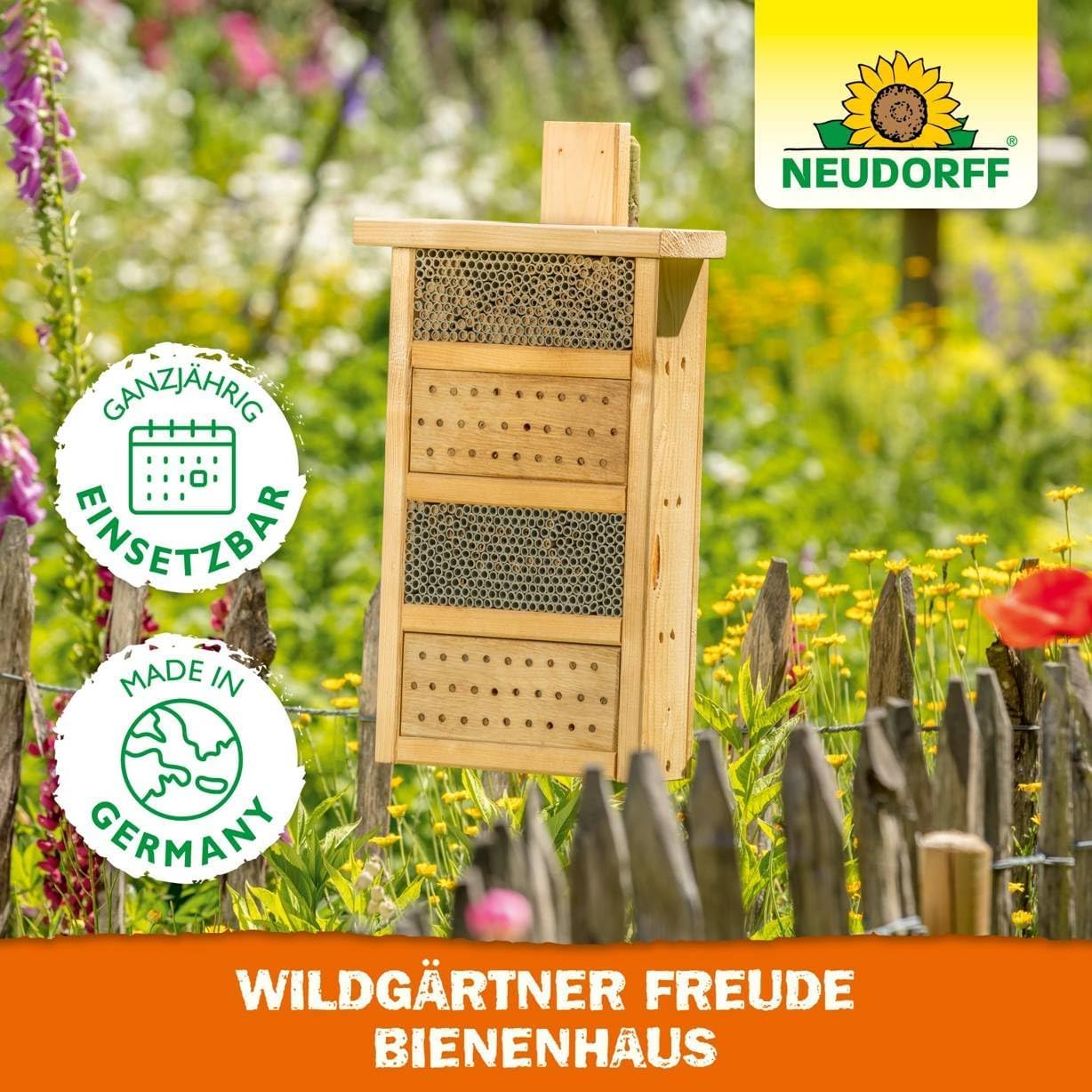 Neudorff Wildgärtner Freude Bienenhaus – Handgefertigtes Bienenhotel. Nisthilfe für Wildbienen zum Aufhängen und Aufstellen. Wetterfest und unbehandelt, 1 Stück 5