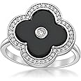 Lavari Jewelers Four Leaf Clover Flower Ring for Women - Black Onyx Green Malachite or Mother of Pearl & Cubic Zirconia in 925 Sterling Silver - Hypoallergenic Rhodium Plated - Halo Ring Size 5 to 10