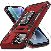 DEERLAMN Case for iPhone 14 Plus with Slide Camera Cover+Screen Protector(1 Pack), Rotated Ring Kickstand Military Grade Shockproof Protective Cover 6.7 Inch-Red