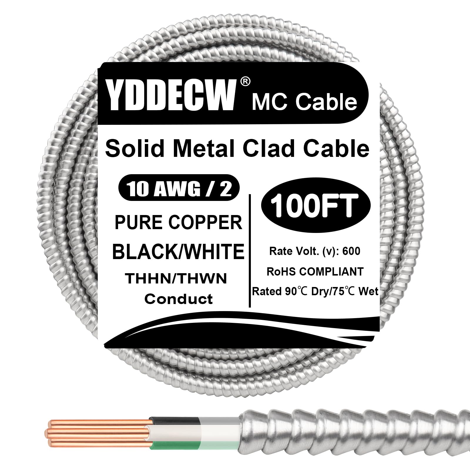 Photo 1 of 100ft 10/2 Metal Clad (MC) Cable with Ground, 10 Gauge Electric Wire with Aluminum Armor, Solid Bare Copper Conductors for Indoor Outdoor Underground Embedded Installation (10/2, 100 ft)