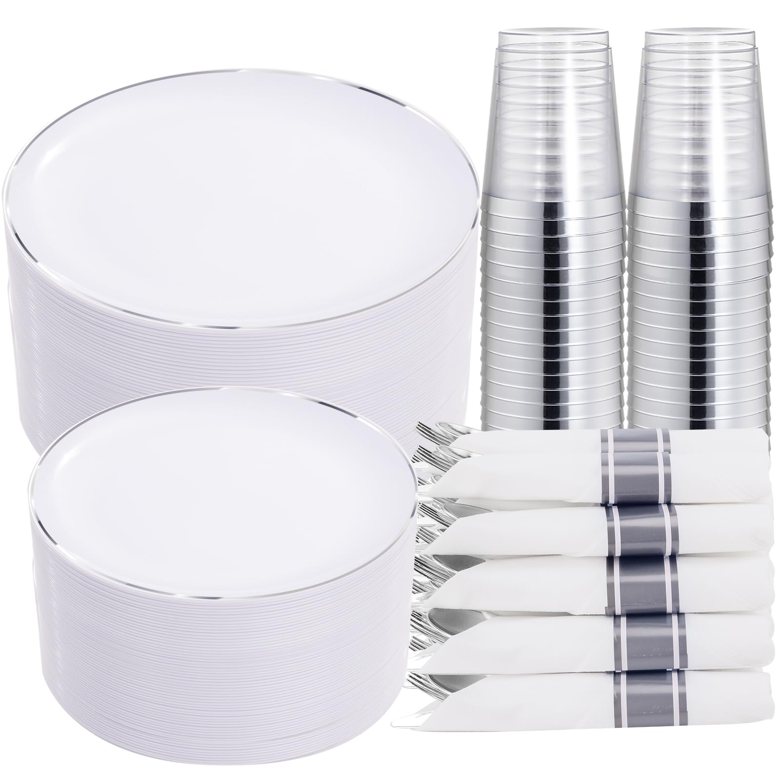 KIRE 350 PCS Plastic Dinnerware Set for 50 Guests, Silver Plastic Plates Include 50 Dinner, 50 Dessert Plates, 50 Pre Rolled Napkins with Silverware, 50 Cups for Wedding, Party, Banqet, Christmas Image