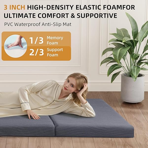 GEMBED FOLDABLE MEMORY FOAM MATTRESS – 3 INCH TWIN WATERPROOF COLLAPSIBLE MATTRESS WITH WASHABLE COVER, PORTABLE GUEST BED PAD, SLEEPING MAT FOR TRAVEL RV CAMPING YOGA, NON-SLIP BOTTOM,75″X38″X3″