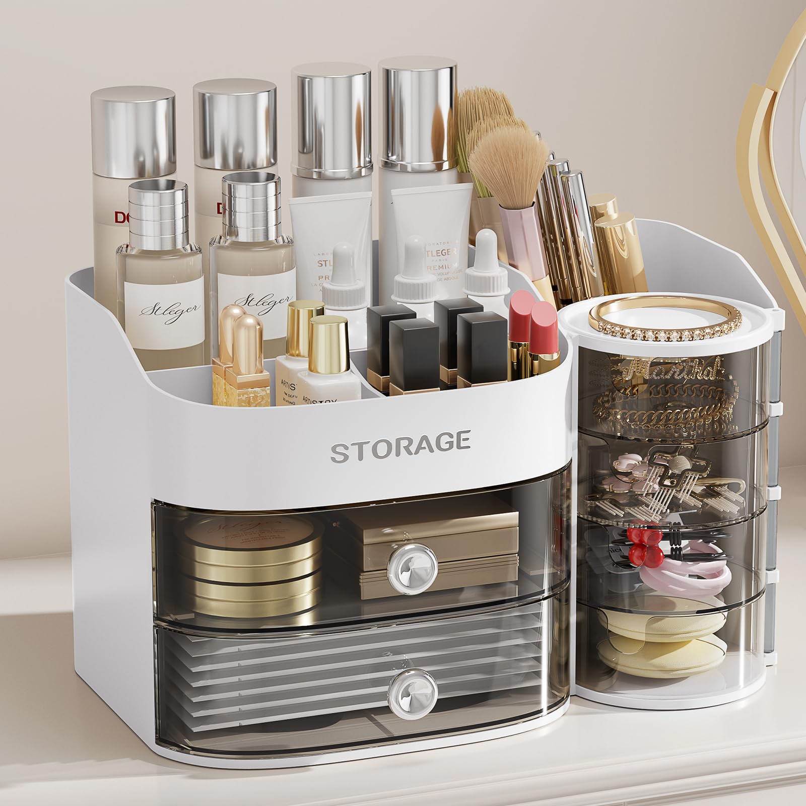 Photo 1 of LAMU Makeup Organizer Countertop, Cosmetic Storage for Dresser Bathroom Countertop, Include 4-Tier Rotating Jewelry Box for Brushes, Skincare, Perfume, Office, Earring, Jewelry Organizer, White