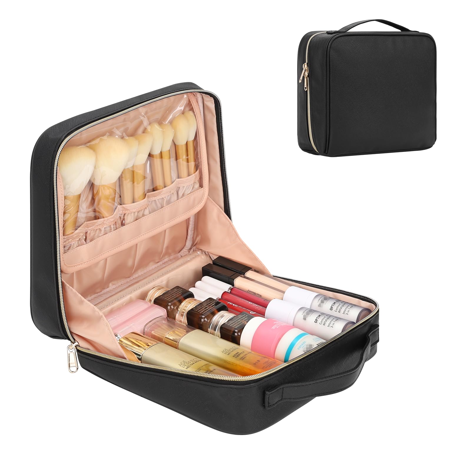 Photo 1 of Travel Makeup Bag, Large Capacity Cosmetic Bags for Women, Make Up Organizer Case with Portable Handle, 90° Wide Open for Easily Access, Waterproof