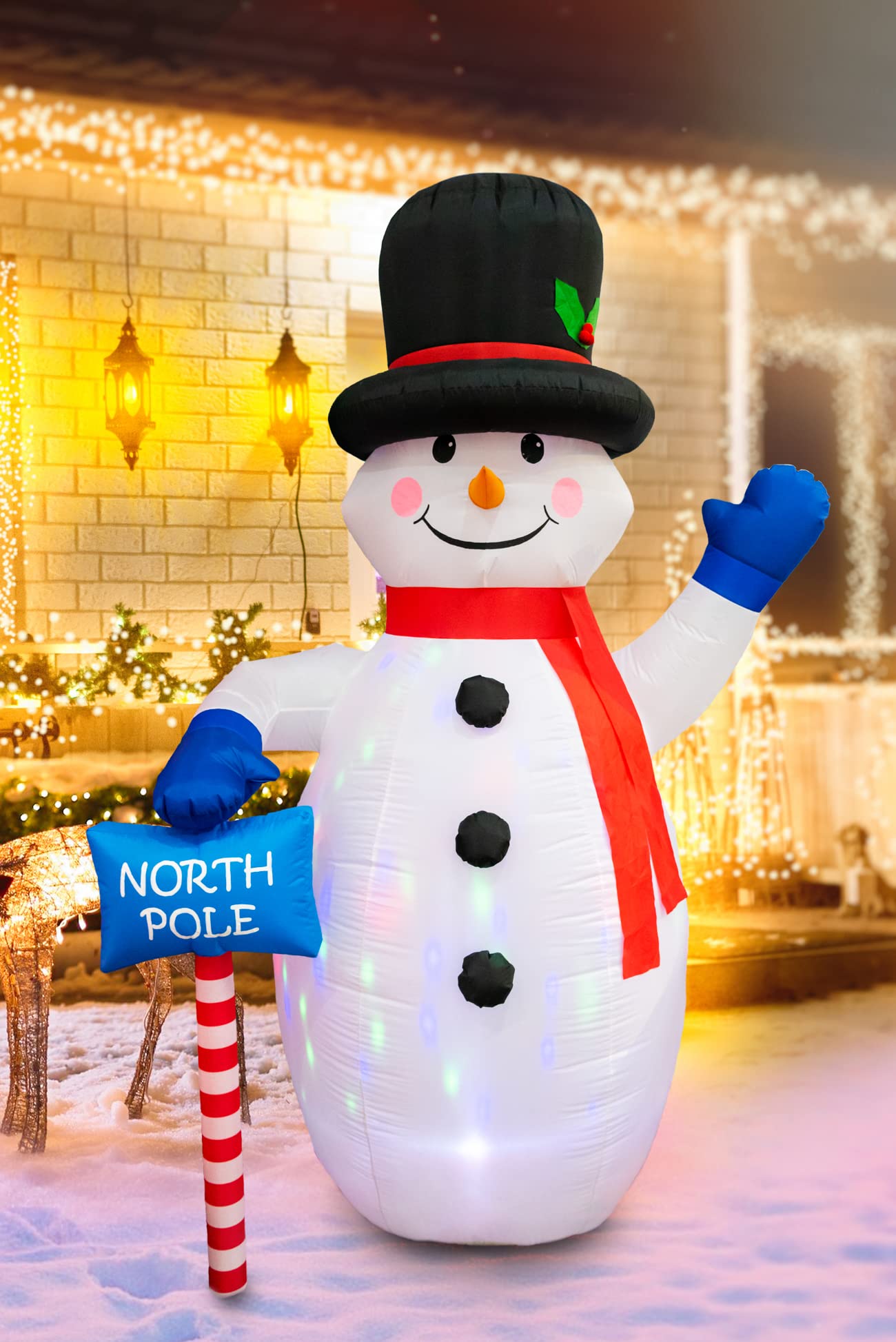 6ft Inflatable Hand Waving Snowman with North Pole Sign Board Pre Lit Mains Powered Multicolour LED Lights Christmas Props Outdoor Garden Decoration