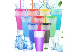 10 Pack Color Changing Cups with Lids and Straws, 24 oz Reusable Plastic Cold Cups, Leakproof Iced Coffee Smoothie Tumblers f