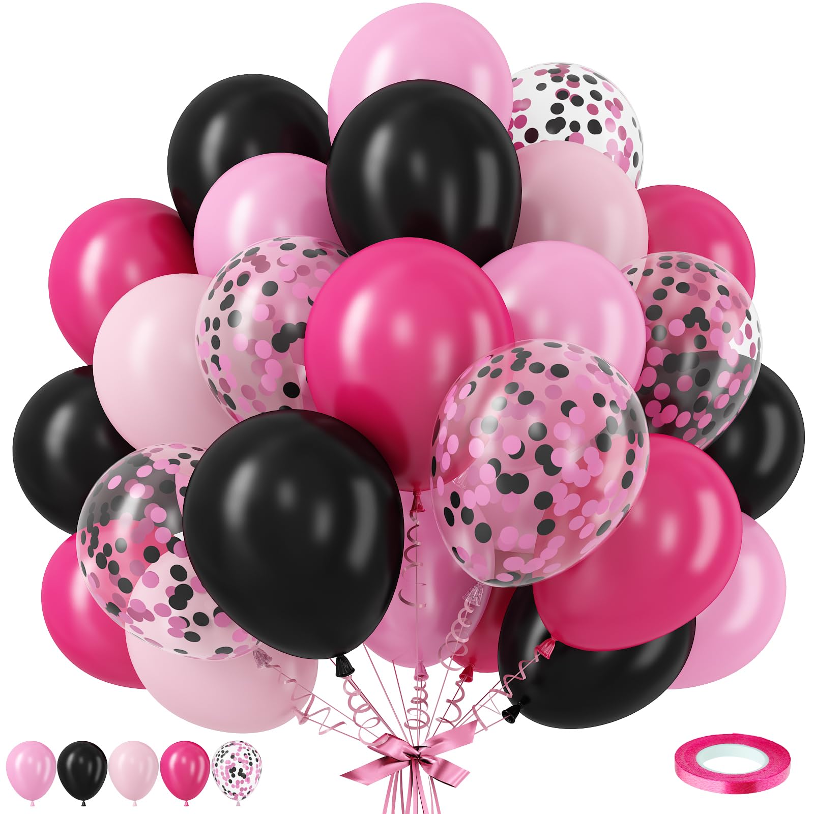 Pink and Black Balloons, 12 Inch Hot Pink and Matt Black Latex Balloons with Confetti Helium Balloon for Girls Women Birthday Wedding Bridal Baby Shower Bachelorette Party Decorations