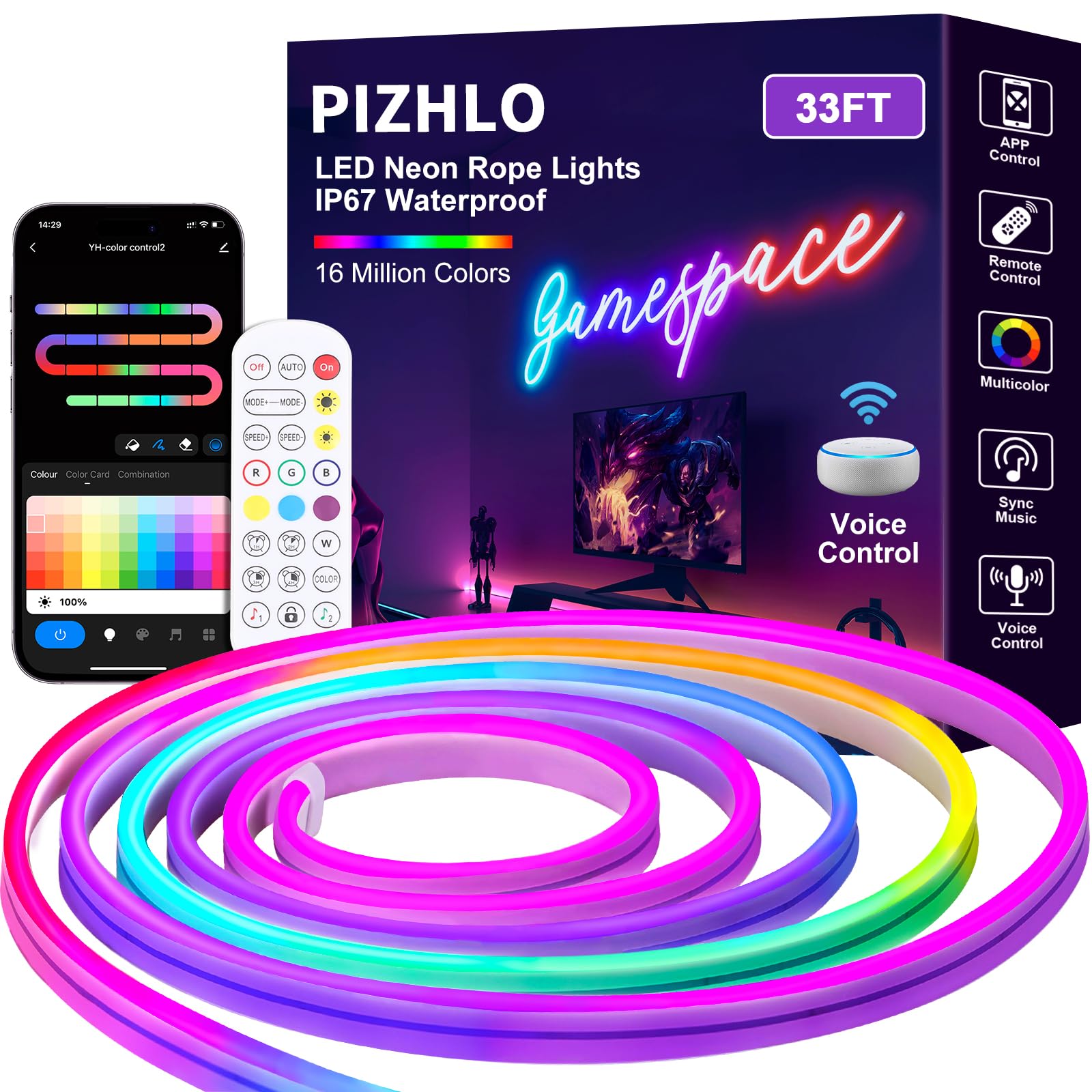 Photo 1 of PIZHLO 33ft Rope Light, Control with App/Remote/Voice, IP67 Waterproof, Multiple Colors/Modes/Music Sync/DIY, Flexible Smart Neon LED Light Strip for Indoor/Outdoor Decor