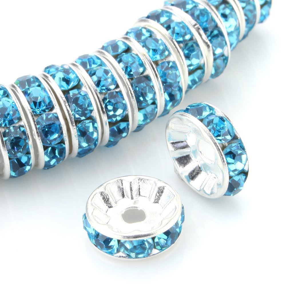 RUBYCA 100pcs 10mm A+++ Round Rondelle Spacer Charm Beads Silver Tone Aquamarine Czech Crystal