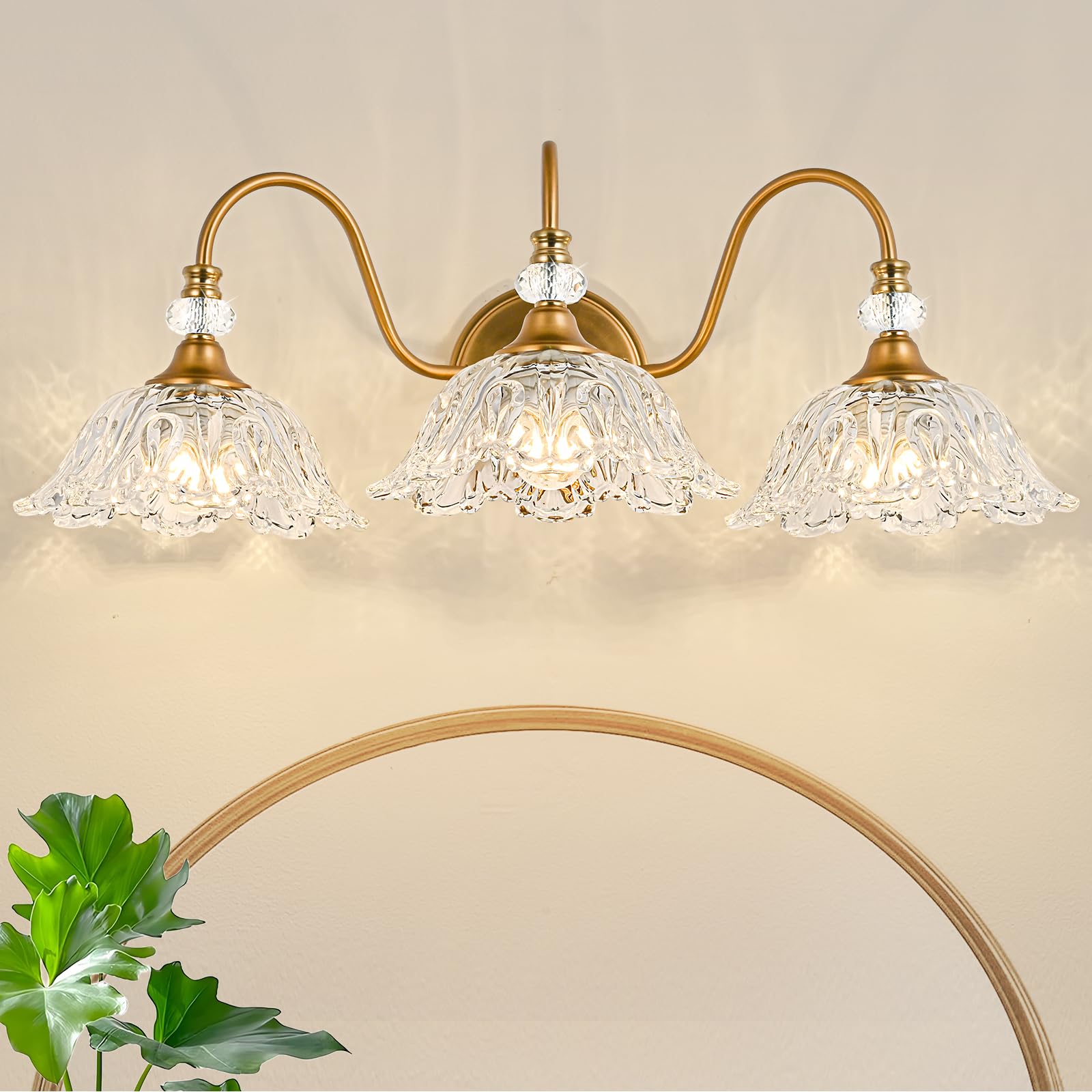 Photo 1 of sunkryster Vintage Bathroom Vanity Light, 3-Light Matte Brass Finish Vanity Light with Floral Clear Glass Shades, Retro Wall Sconce for Bathroom, Dressing Table