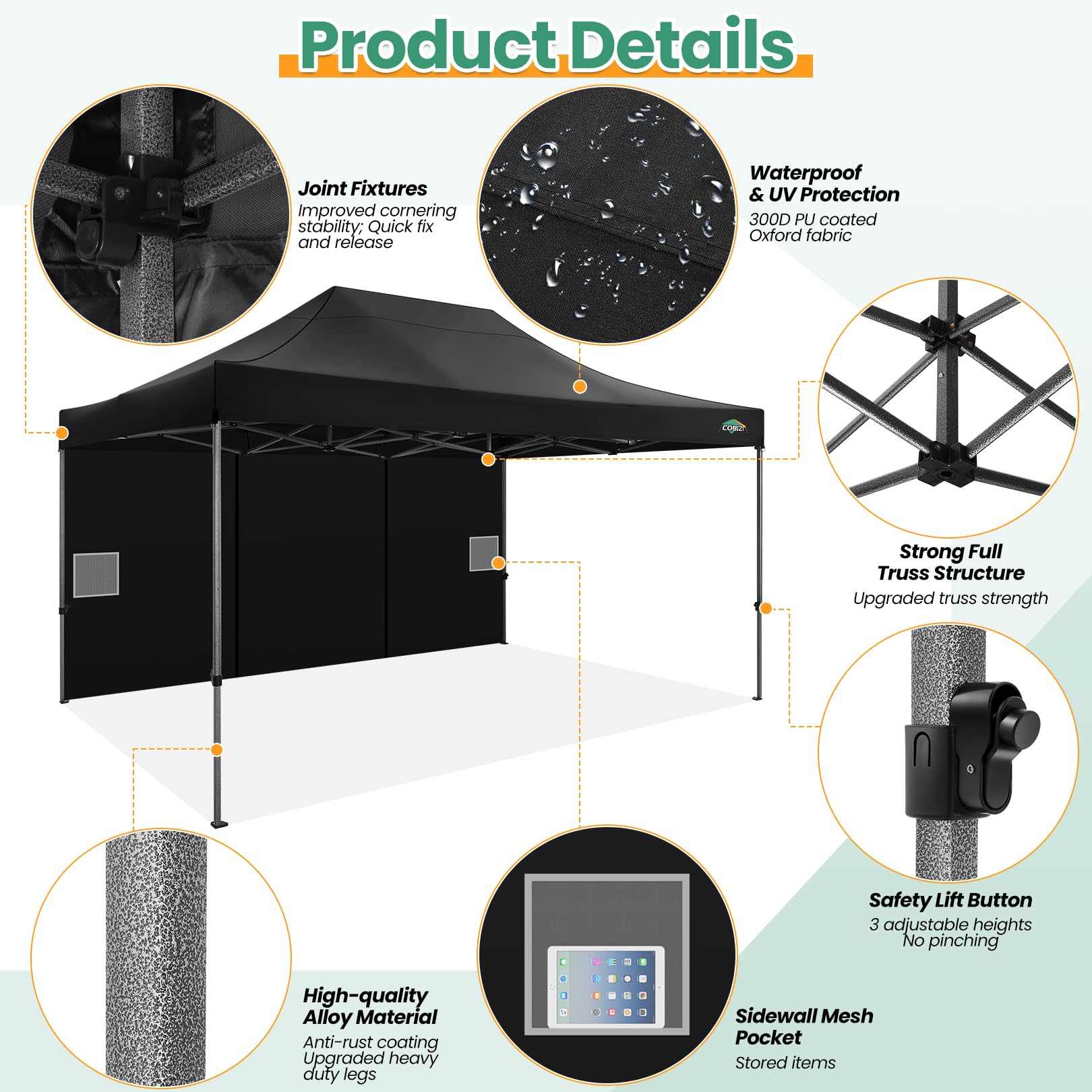 COBIZI Pavillon 3x4,5 wasserdicht stabil Winterfest 3.0, Faltpavillon 3x4,5 Partyzelt, Gartenpavillon UV Schutz mit 4 Seitenteilen Festival Partyzelt Sonnenschutz Pavillon, Schwarz 4