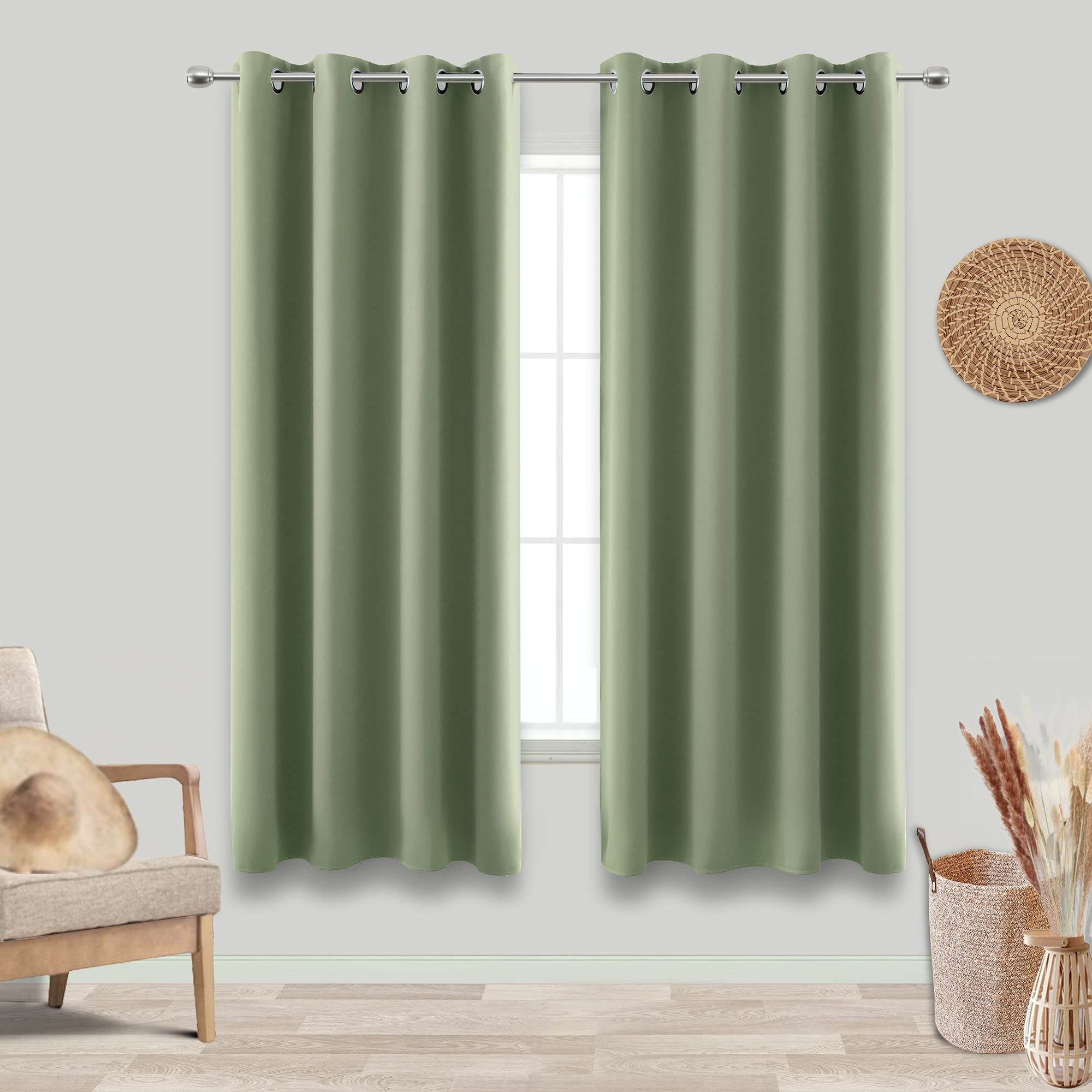 Photo 1 of KOUFALL 64 Inch Curtains Sage Green Blackout Curtains Boho Decor for Living Room 2 Panels Set Grommet Room Darkening Insulated Thermal Drapes Window Treatment,Light Sage