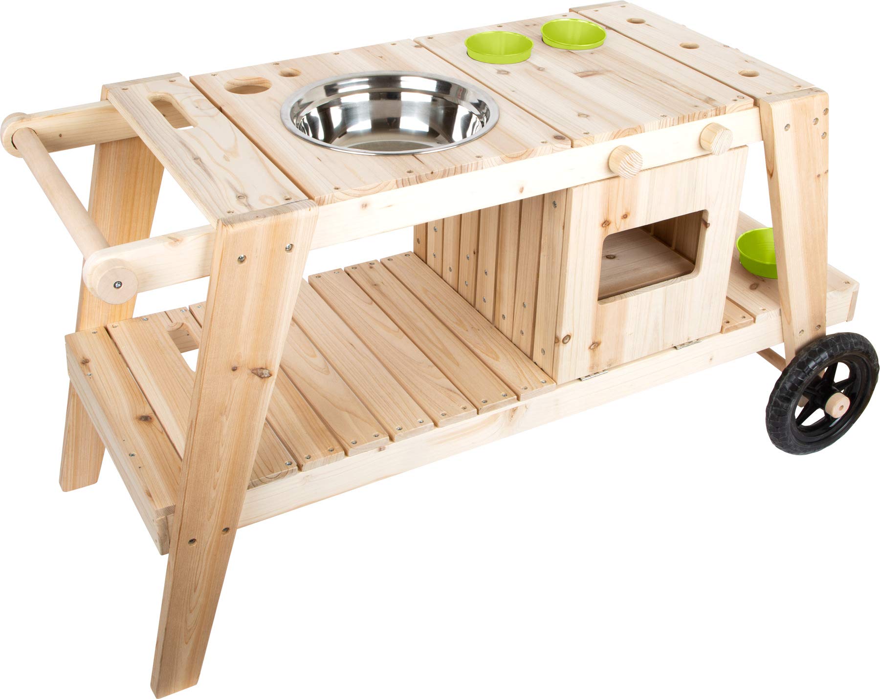 Mud kitchen made of solid and weatherproof wood for children from 3 years, outdoor kitchen with accessories and wheels