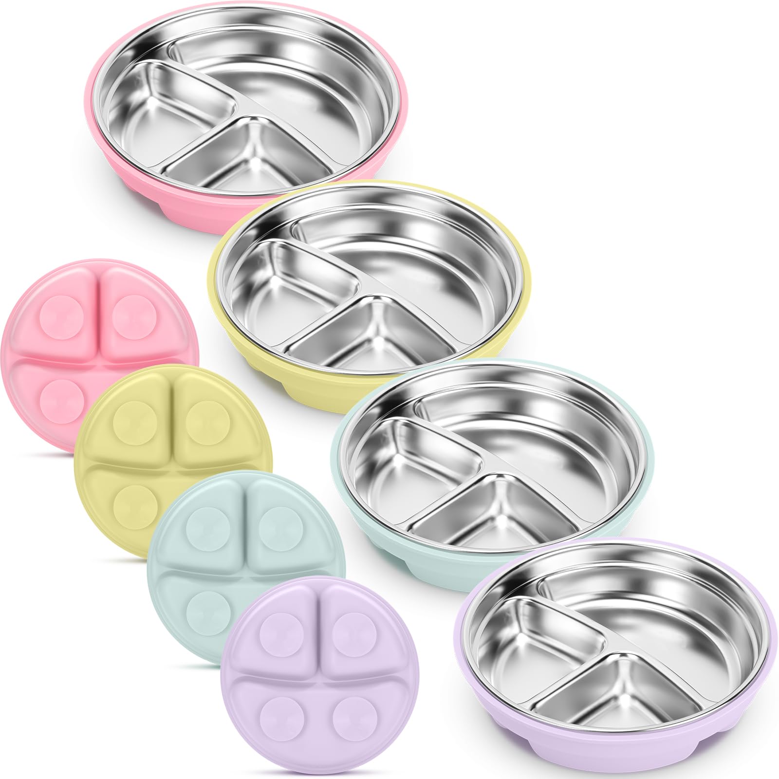 Photo 1 of Nuogo 4 Pcs Stainless Steel Baby Suction Plates with Removable Silicone Shell 2-in-1 Metal Toddler Bowl Divided for Picky Eaters Kid Feeding Led Weaning Supply, Dishwasher Safe (Macaron Series)