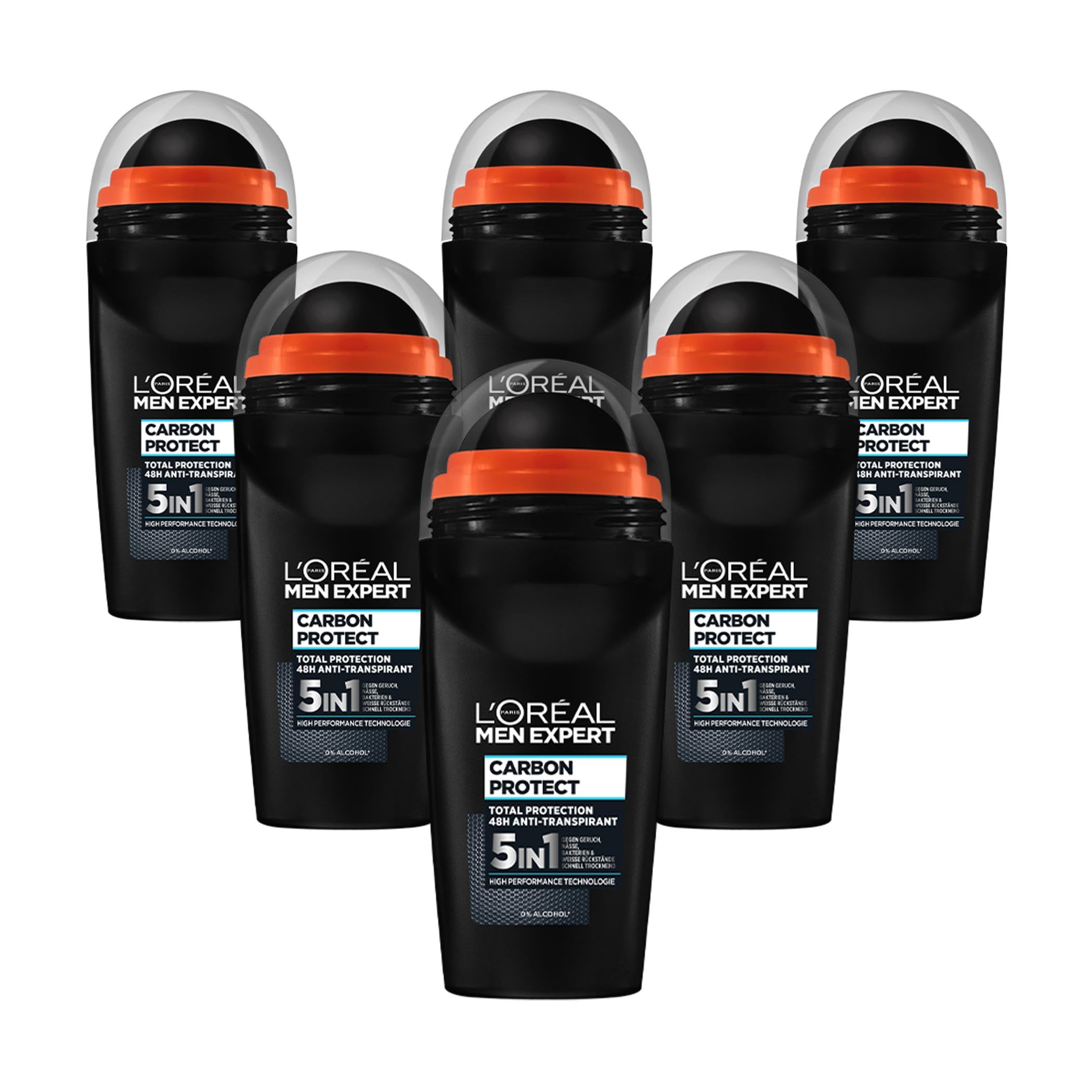 L'Oréal Men Expert Deo für Männer, 5-in-1 Deoroller gegen Geruchsbildung, Nässe, Bakterien und weiße Rückstände für bis zu 72 Stunden Frische, Carbon Protect, 6 x 50 ml