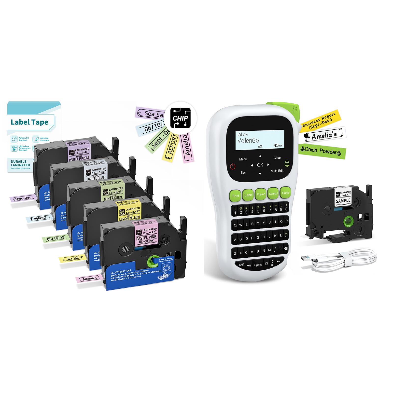 Photo 1 of **PARTS ONLY** VolenGo H1100 Label Maker Machine with Tapes, Handheld Labeler with Backlit LCD, 6PK Soft Color Laminated Tapes, 0.47'' 12mm, White/Pink/Yellow/Green/Blue/Purple