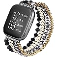 CAGOS Cute Bracelet Compatible with Fitbit Versa 2/Fitbit Versa 1/Versa Lite Bands Women, Handmade Beaded Elastic Replacement Bands Accessories Straps for Special Edition Versa Watch, Gold/Black