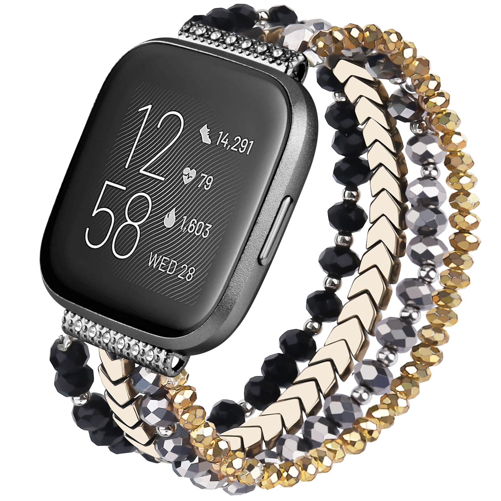 Photo 1 of CAGOS Bracelet Compatible with Fitbit Versa 4 Bands/3/Sense/Sense 2 for Women, Handmade Beaded Elastic Replacement Wristband for Versa 2/1/Lite Watch/Special Edition Watch (Gold/Black, Versa 1/2/Versa Lite/Special Edition)