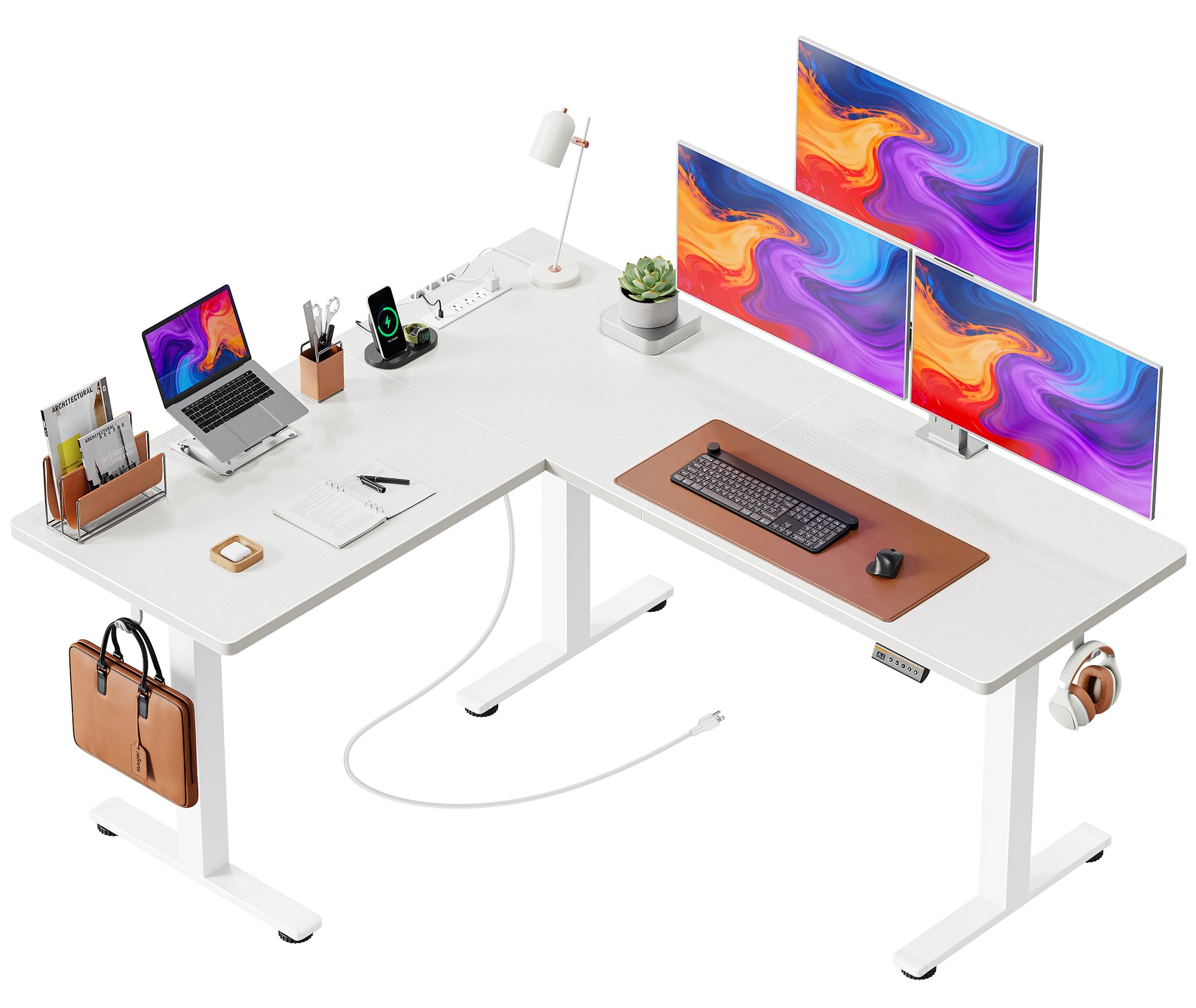 Photo 1 of Huuger L Shaped Standing Desk with Power Outlets, 63 x 55 Inch Height Adjustable Computer Desk for Bedroom, Corner Stand up Desk for Home and Office, Work and Study, White