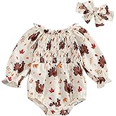 Doqcey Newborn Baby Girl Thanksgiving Outfit Turkey Bubble Romper Long Sleeve Ruched Bodysuit Headband Cute Fall Clothes