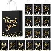 PerKoop 60 Pcs Thank You Gift Bags Bulk Paper Gold Thank You Wedding Bags with Handle for Business, Shopping, Wedding, Baby Shower, Party Favors (Black)
